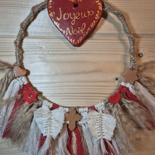Couronne de Noël rouge et lin "joyeux Noël"