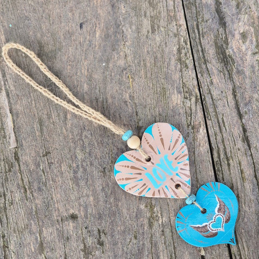 Porte-bonheur - Double cœur turquoise