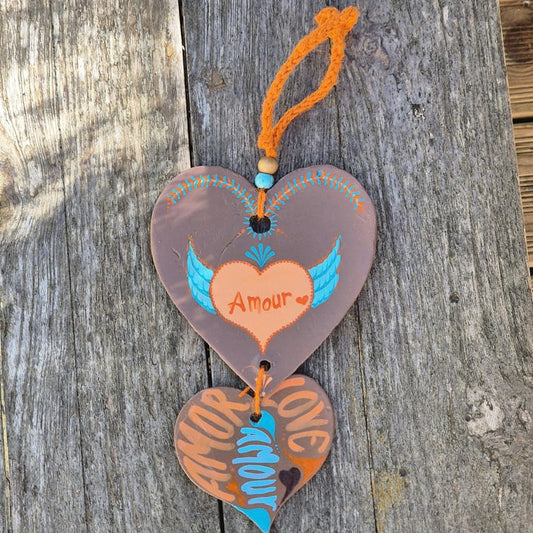 Porte-bonheur - Double cœur marron orange