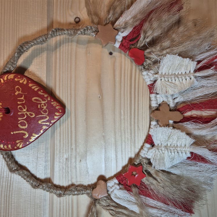 Couronne de Noël rouge et lin "joyeux Noël"