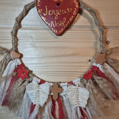 Couronne de Noël rouge et lin "joyeux Noël"