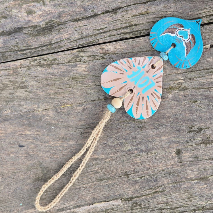 Porte-bonheur - Double cœur turquoise