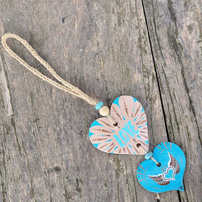 Porte-bonheur - Double cœur turquoise