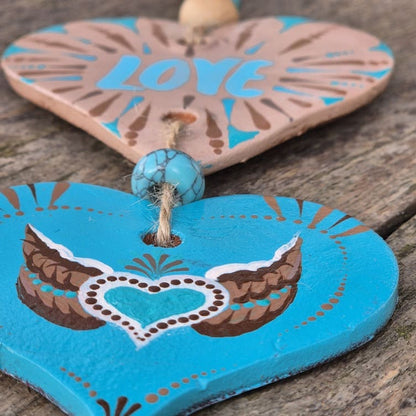 Porte-bonheur - Double cœur turquoise