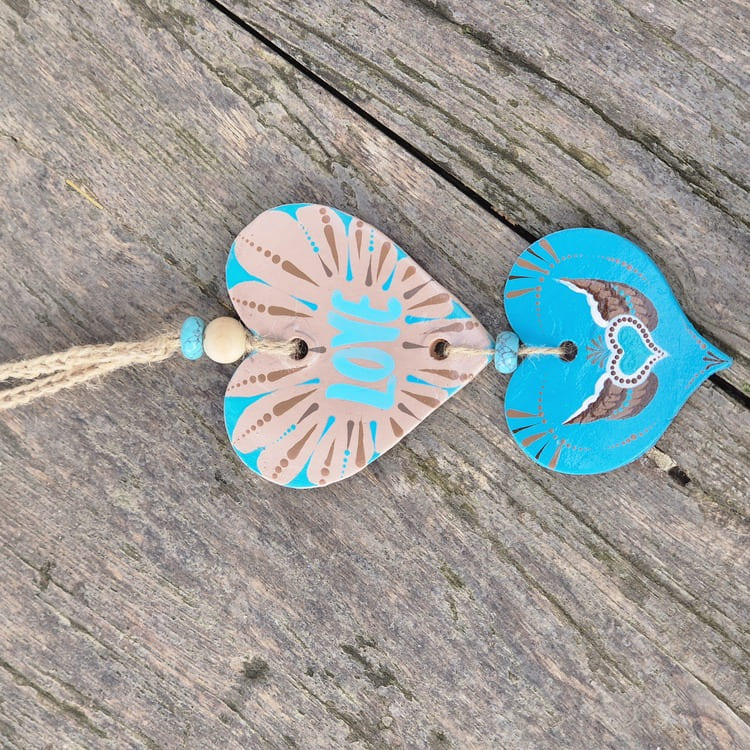 Porte-bonheur - Double cœur turquoise
