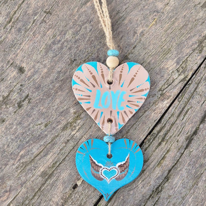 Porte-bonheur - Double cœur turquoise