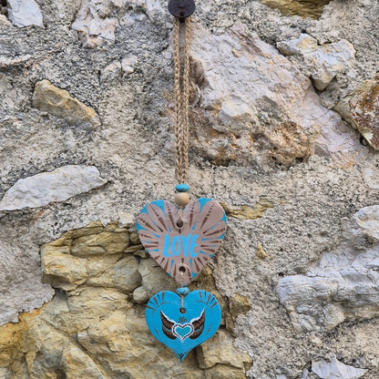 Porte-bonheur - Double cœur turquoise