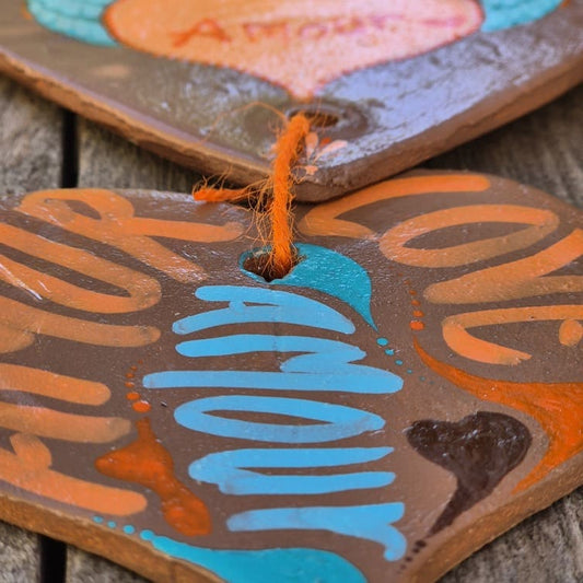 Porte-bonheur - Double cœur marron orange