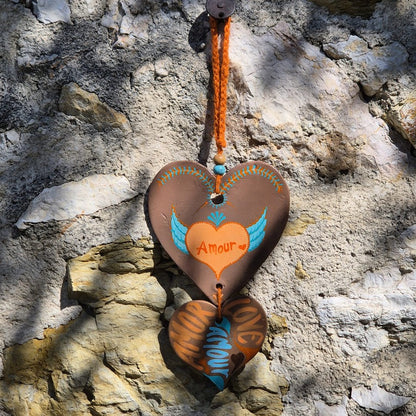 Porte-bonheur - Double cœur marron orange